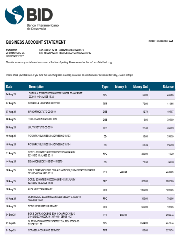 Relevé de compte ferme de la Banco Interamericano de Desarrollo (BID) Équateur Format Word et PDF